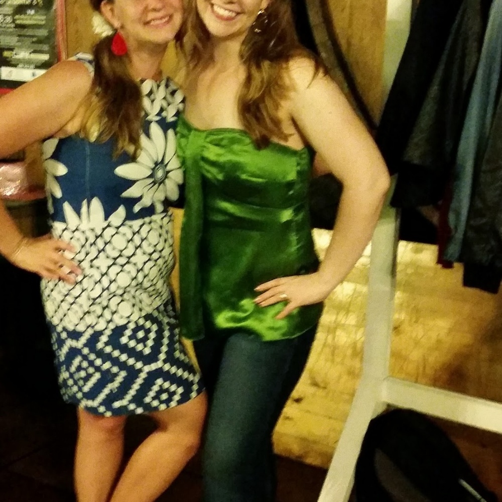 Green silk strapless top